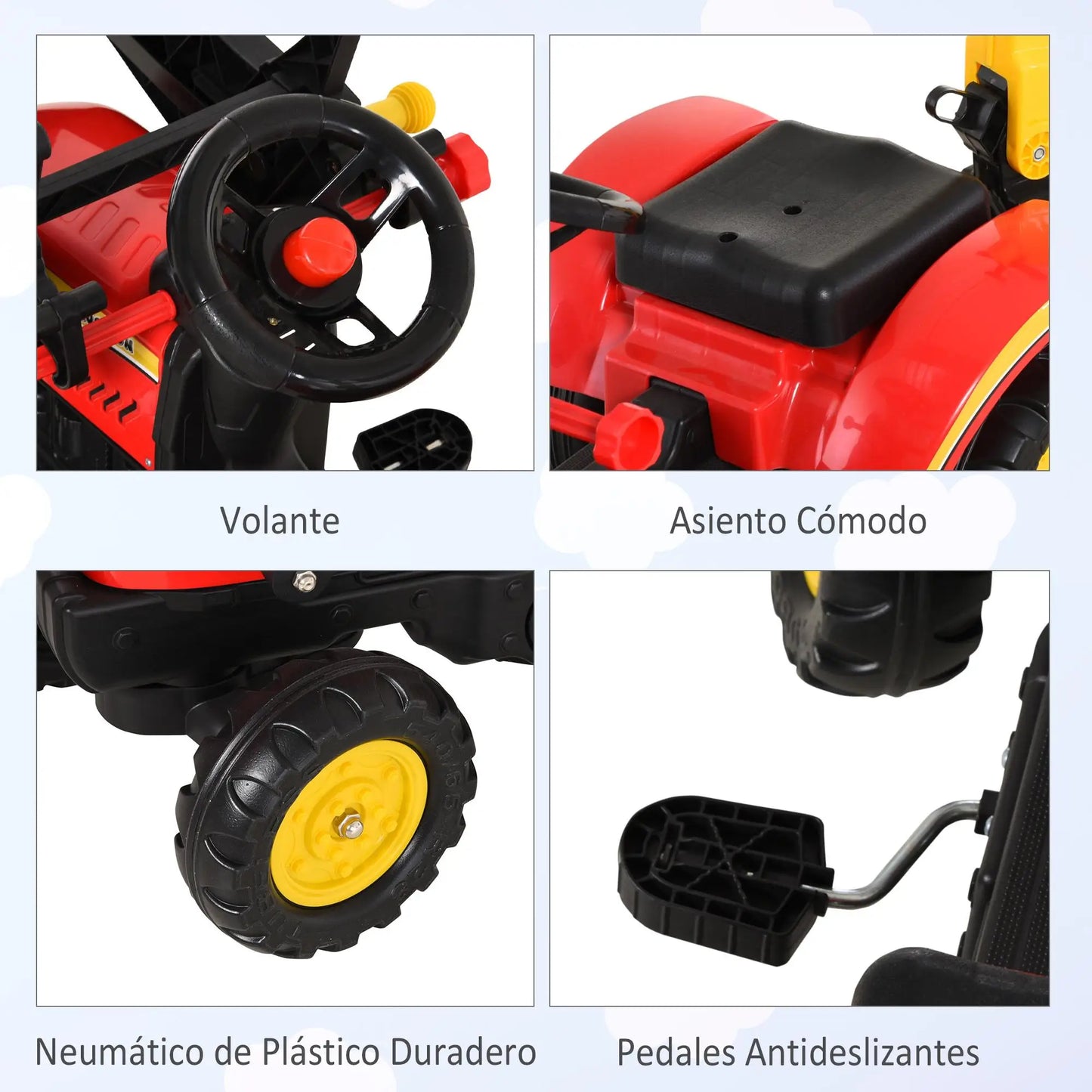 Pedal tractor with detachable pendant & adjustable excavator shovel for children from 3 years old, 35kg red