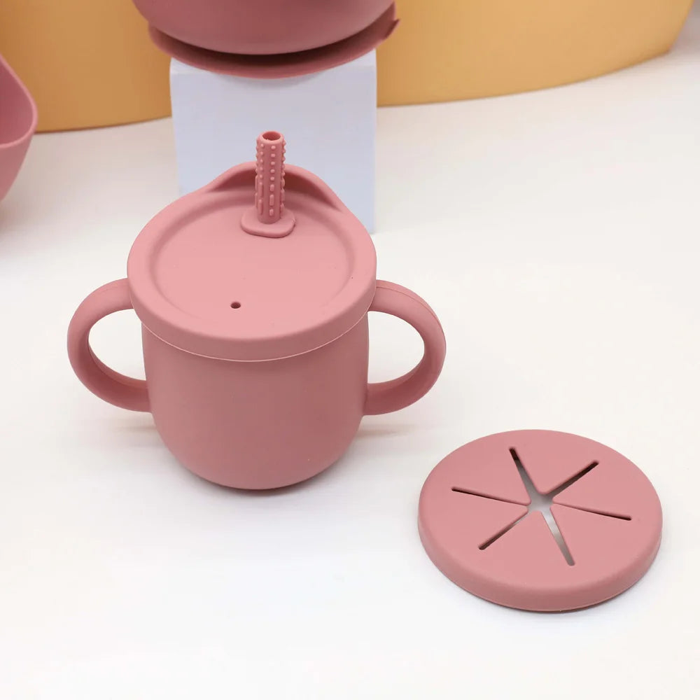 7pcs baby silicone tableware set, bib, dining plate, bowl with suction cup, 2-in-1 water cup, snack cup, wooden spoon and fork
