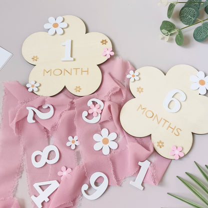 Wooden Flower Milestone Card Set, Wooden Milestone Birth Signs, Photography Milestone Cards, Growth Cards from 1 Month to 1 Year, Pregnancy Journey Milestone Photo Props, Christmas, New Year Gifts
