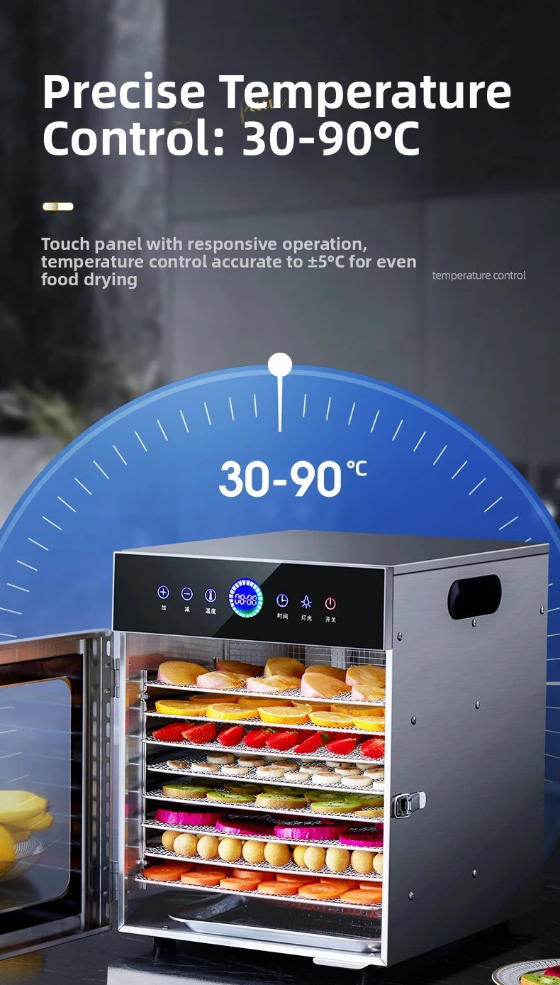 8-Tier Stainless Steel Food Dehydrator,Commercial Power, Digital Thermostat(30°C-90°C), for Jerky/Fruits/Herbs, BPA-Free