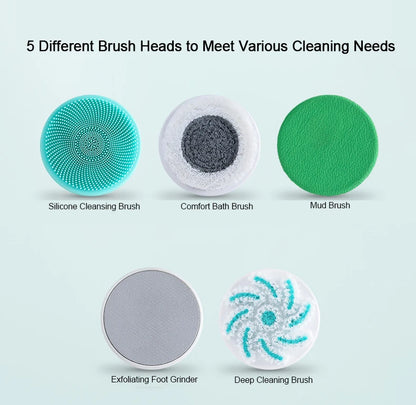 Electric Bath Brush 5-in-1 Long Handle Rechargeable Spin Body Facial Scrubber Back Rubbing Cleaning  Massage Spa Shower Brush