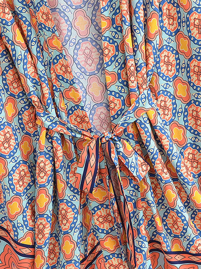Boho Queens Vintage Peacock Floral Print Sashes Beach Kimono Women Bohemian Wrap Batwing Sleeves Holiday Bikini Cover-ups