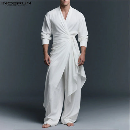 INCERUN Men Sets Solid V Neck Long Sleeve Long Style Shirt & Pants Two Pieces Sets Streetwear Loose Vintage Casual Men's Suit