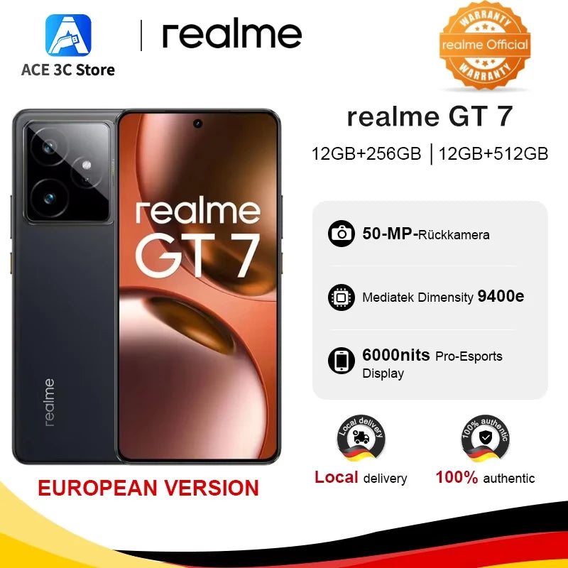 realme GT 7 5G Smartphone, European Version, MTK Dimensity 9400e, 6000nits Pro-Esports Display, 7000mAh Battery, 120W Ultra Charge