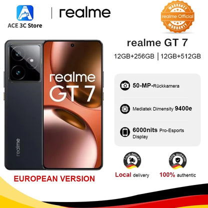 realme GT 7 5G Smartphone, European Version, MTK Dimensity 9400e, 6000nits Pro-Esports Display, 7000mAh Battery, 120W Ultra Charge