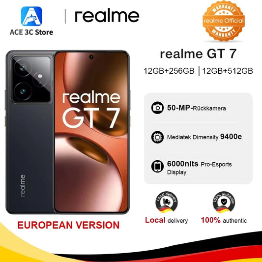 realme GT 7 5G Smartphone, European Version, MTK Dimensity 9400e, 6000nits Pro-Esports Display, 7000mAh Battery, 120W Ultra Charge