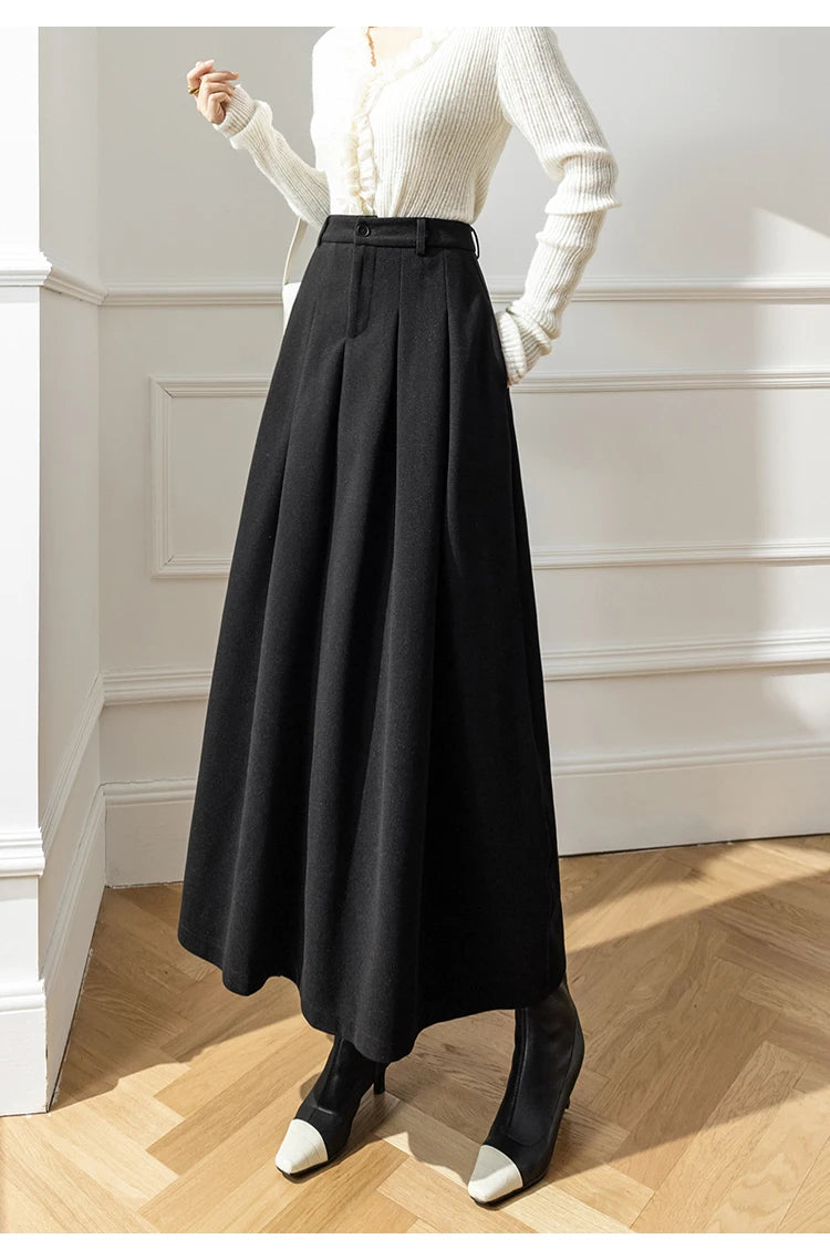 Vintage Winter Woolen Long Skirts For Women Streetwear High Waist Pleated Maxi Skirt Big Swing Folds A-Line Jupe Longues Femme
