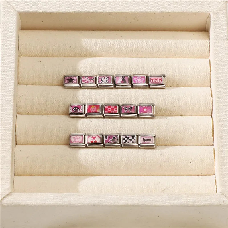 Beautiful Flower Y2K Black Star Dog Heart Pink Italian Charm Link Fit 9mm Stainless Steel Sweet Bracelet Jewelry Making DIY Gift