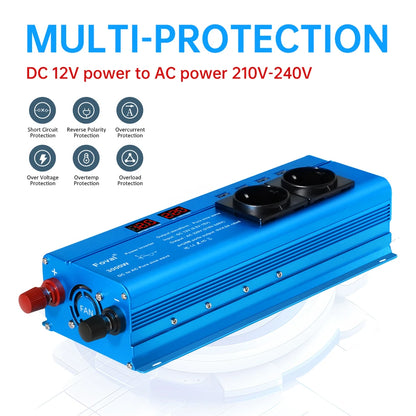 Pure Sine Wave Inverter DC 12V to AC 220V 230V 1500W/2200W/2600W/3000W Voltage Transfer Converter EU Socket Auto Accessories