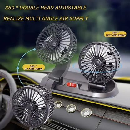 EAFC 5V 12V Car Fan Dual Head Air Cooling Fan 360° Adjustable USB Mini Protable Auto Air Fan Low Noise Car Accessories