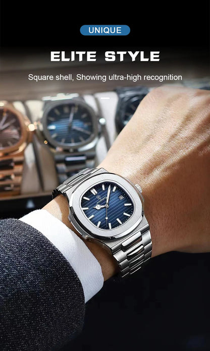 POEDAGAR Luxury Brand Men's Quartz Wristwatch Stainless Steel Waterproof Luminous Date Man Clock Square Business Watches For Men