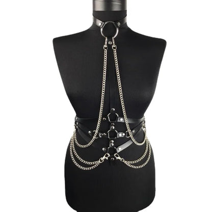 Bondage Flirt Toys Leather Clothes Shiny Leather New Metal Chain Stage Performance Clothes Erotic Supplies BDSM