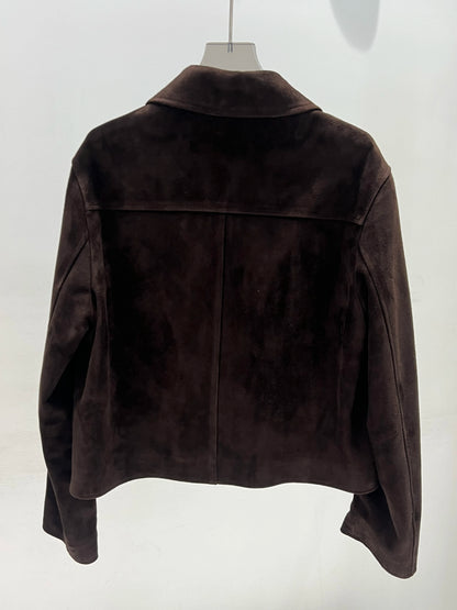 European Imported Kid Suede Leather Jacket for Woman High Grade Turn Down Collar Pocket Short Cropped Coat Long Sleeve Top Mujer
