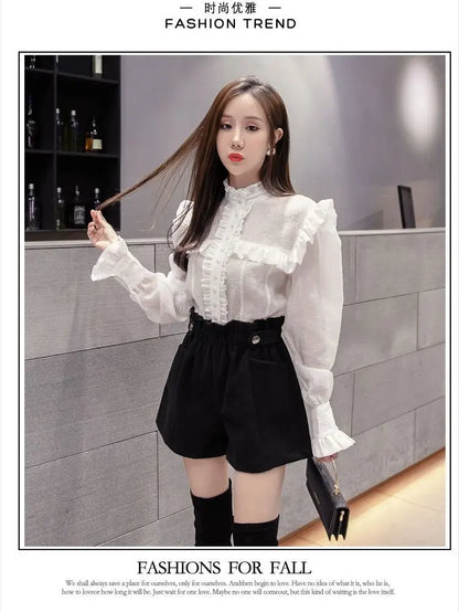 Black Woolen Shorts Women Chic Folds High Waist Design Loose Autumn Winter College Vintage Streetwear Lovely Female Classy Basic