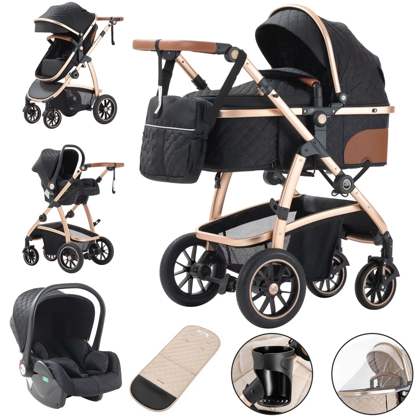 Baby Stroller 3 in 1 Easy Folding Multifunctional Stroller Travel Portable Baby Carriage Safety Seat EU Standard Aluminum Frame