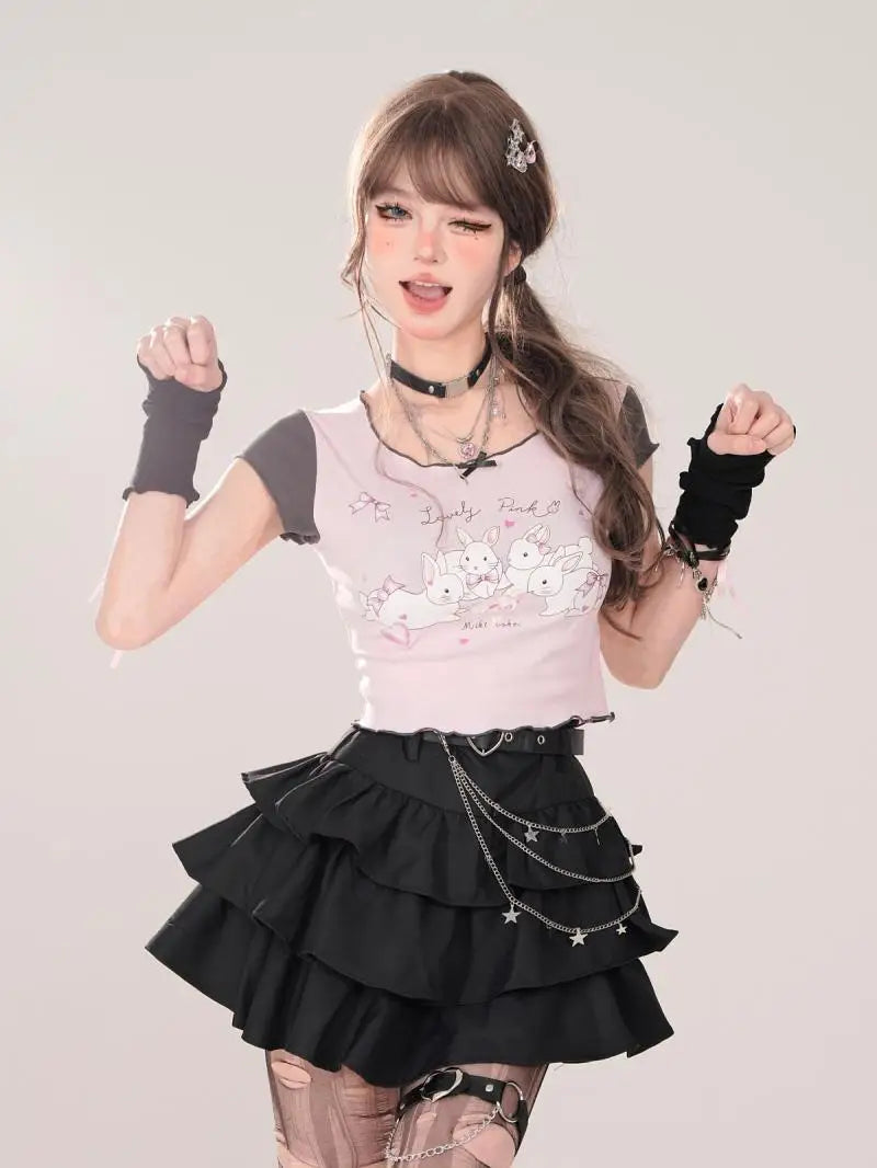 Belt Metal Chain Punk Mini Skirts for Women Summer High Waist Pleated Black Cake Skirt Woman Streetwear A Line Short Skirt Mujer