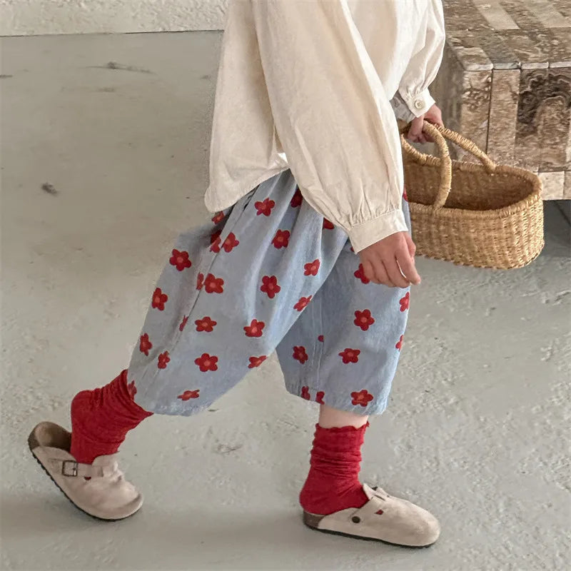 Spring/Summer Calf Length Pants for Girls Floral Print Anti-mosquito Breeches Korean Kid's Loose 7 Point Pants Childrens Clothes