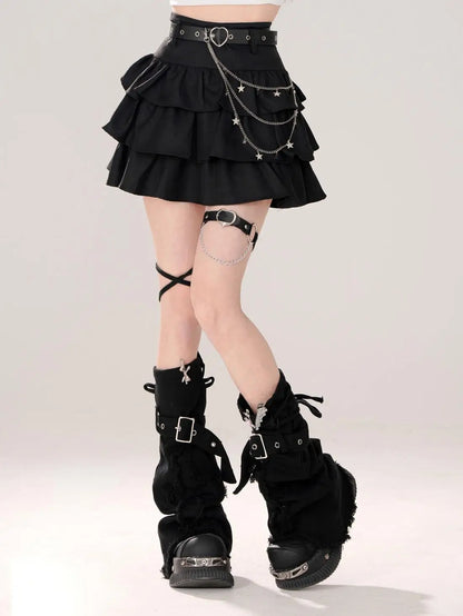 Belt Metal Chain Punk Mini Skirts for Women Summer High Waist Pleated Black Cake Skirt Woman Streetwear A Line Short Skirt Mujer
