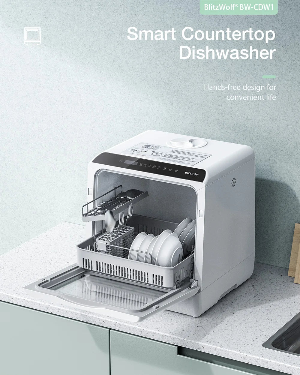 BlitzHome BH-CDW1 Smart Portable Countertop Dishwasher with APP Control 4-6 Sets Big Capacity Dual Water Inlet Modes Washers