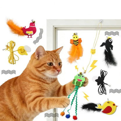 Hanging Cat Toy Swinging Cat Toy with Elastic Rope Feathers Self-play Teaser for Indoor Cats Hanging Bell Hunting Stimulator