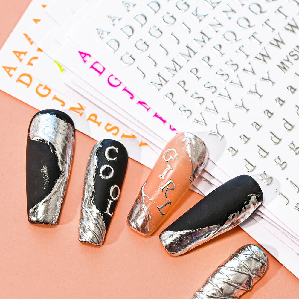 1Pcs 3D Alphabet Nail Sticker Laser Silver/Gold 26 English Letters Nail Art Decals Self Adhesive Manicure 8*10cm Letter Sticker