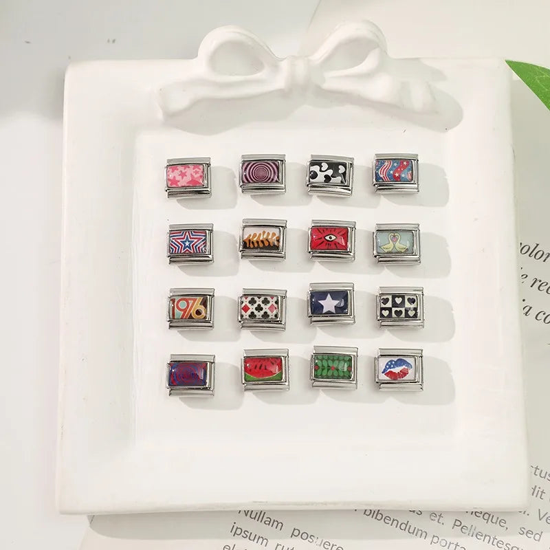 2026 Women Colored Star 1976 Eyes Heart Swan Watermelon Charms Italian Links Fit 9mm Bracelet Stainless Steel DIY Making Jewelry