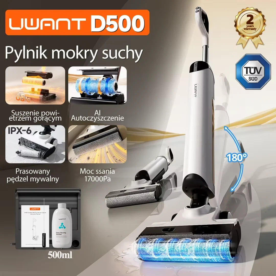 UWANT D500 Wet Dry Vacuum Cleaner 17000Pa Suction 180°Lay-Flat Cordless Mop AI Self-Cleaning 65°C Drying Triple-Sided Edge