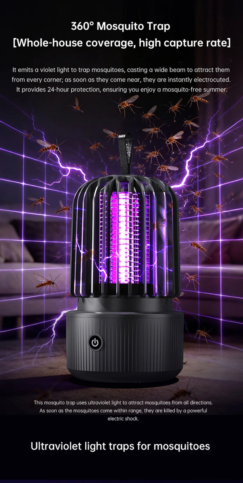 Lenovo Mosquito Killer Lamp Blue UV Light Attract Electric Shock 2-in-1 Bug Zapper 1200mAh Rechargeable For Patio Travel New