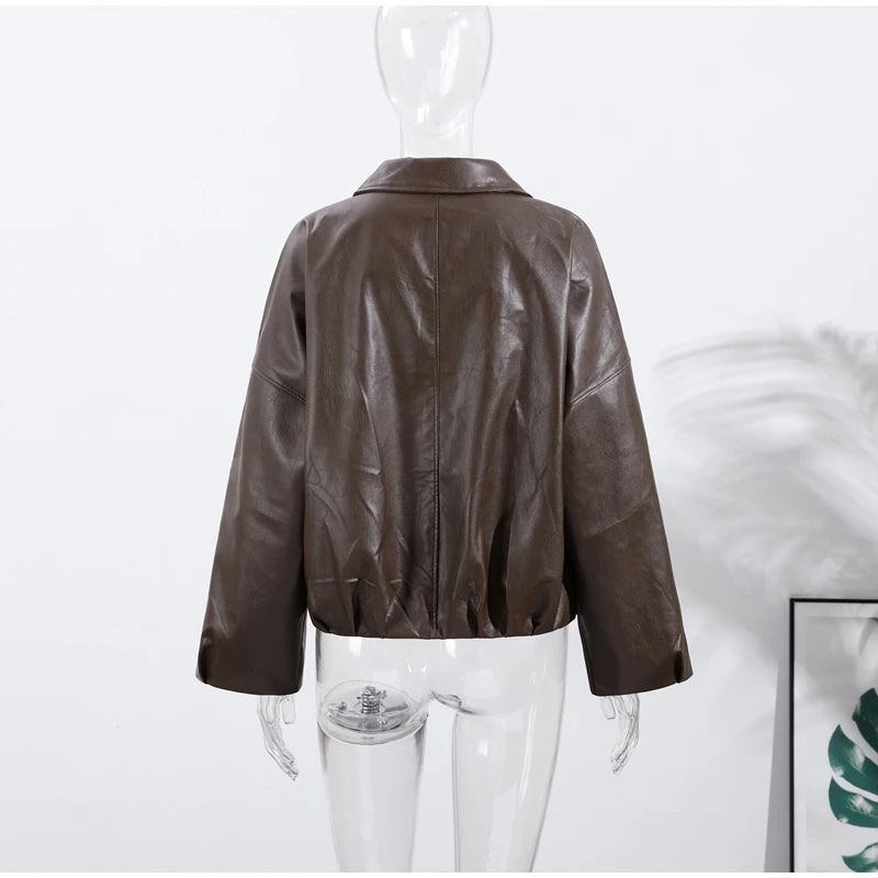 Street Women's Belt Leather Jackets Loose Lapel Zipper Long Sleeve Pockets Female Coats 2026 Autumn Lady Fashion Y2k Outwear
