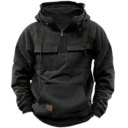 Men's Casual Sports Hooded Sweatshirt New Style Outdoor Thick Fashionable Loose Long-Sleeved Pullover with Multiple Pockets
