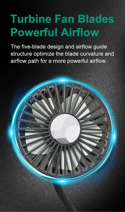 EAFC 3-speed Car Seat Back Cooling Fan USB Charge Dual Head Fan LED Lighting 360 Degree Rotation Neck Cooler for Home Use Travel