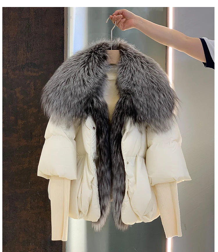 Oversized Winter Warm Real Fox Fur Collar Black Down Coat Women Puffer Outerwear Jackets 2024 Autumn Winter