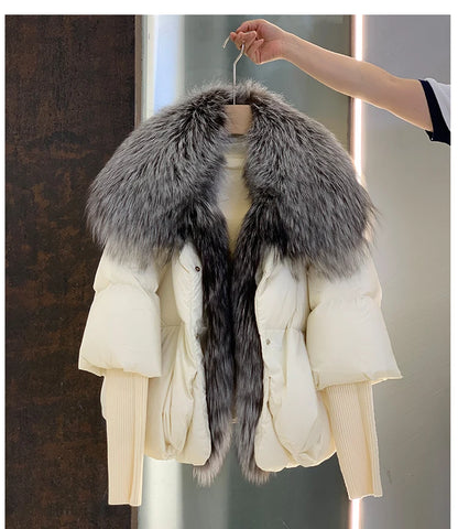 Oversized Winter Warm Real Fox Fur Collar Black Down Coat Women Puffer Outerwear Jackets 2024 Autumn Winter