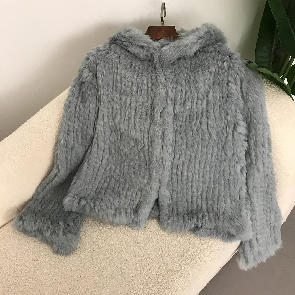 2024 Short Rabbit Fur Coat for Women Autumn Winter New Encrypted Thickened Handmade Double-sided Woven Hooded Korean Style