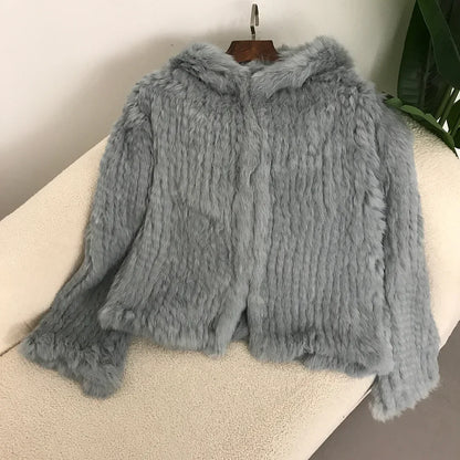 2024 Short Rabbit Fur Coat for Women Autumn Winter New Encrypted Thickened Handmade Double-sided Woven Hooded Korean Style
