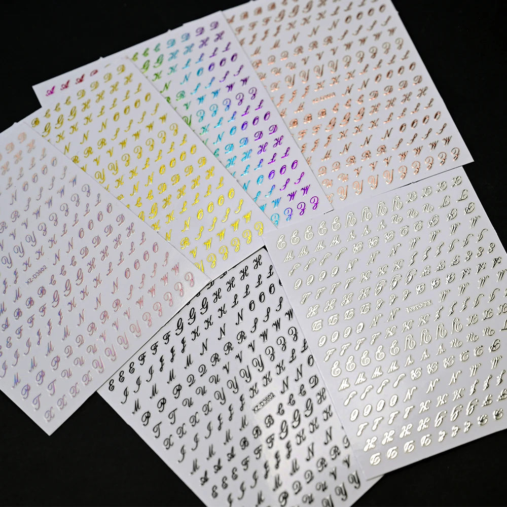 1Pc 3D Roman Letter Nail Stickers Gold/Silver/Black/Laser Alphabet Self Adhesive Decal Y2K English Words/Number Manicure Sliders