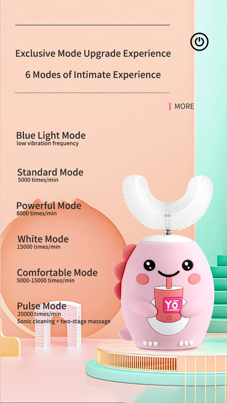 360° Sonic Electric Toothbrush U Shape Rechargeable for Kids Children Automatic Silicone Tooth Brush Smart Timer Blue Light IPX7