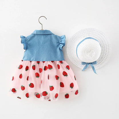 Red Strawberry Chiffon Baby Girl Dress Summer New Children'S Clothing+Hat (9 Months -3 Years Old)