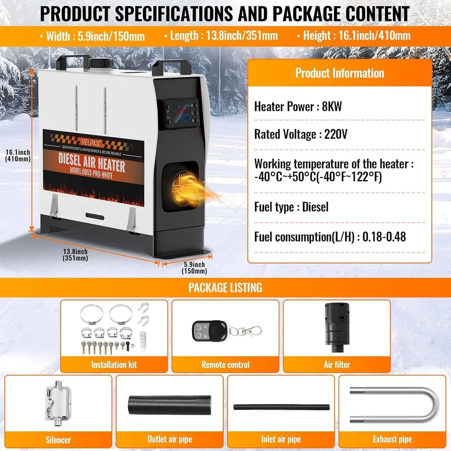 8KW 12V/220V All-in-One Diesel Heater, 0.16-0.52l/h, 8-36 ℃ Adjustable, LCD remove & Bluetooth APP, Portable for Camping RV