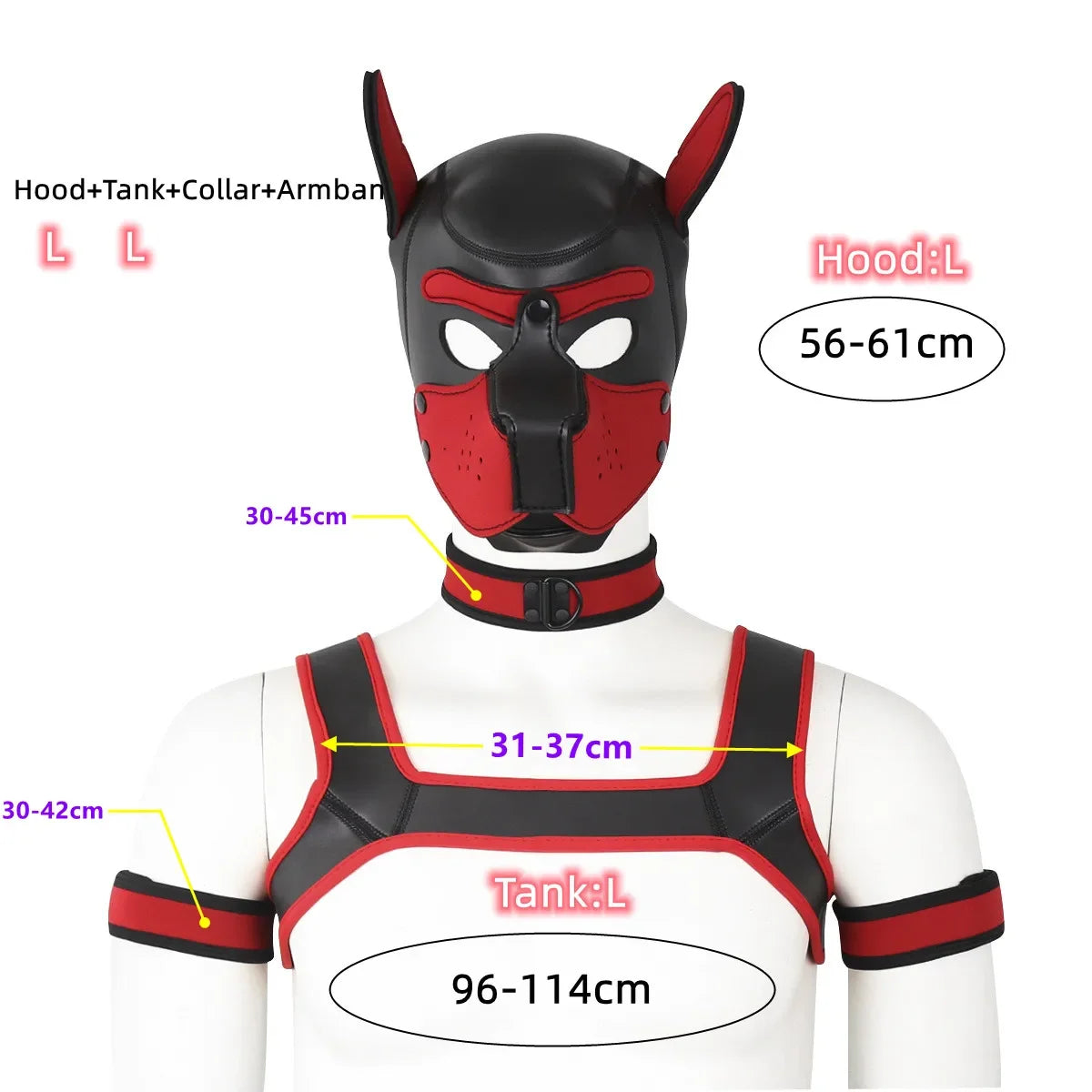 XL Large Size Puppy Cosplay Neoprene Fetish Hood Mask Kit with Chest Strap Collar Armband Sex Costumes for Bdsm Slave Role Play