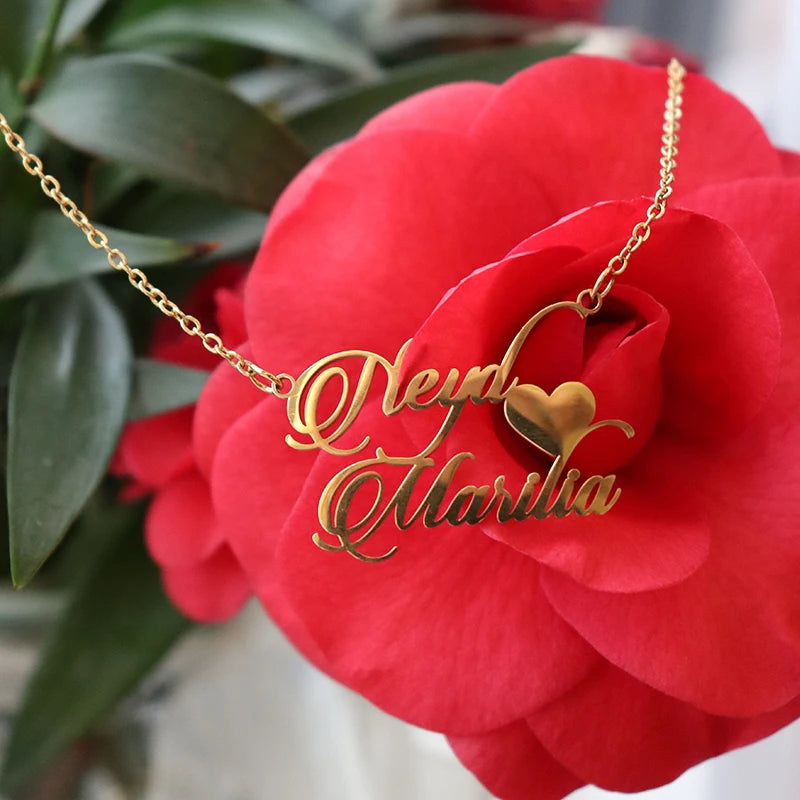 Personalized Two Name Necklaces With Heart Stainless Steel Custom Letter Couple Necklace Choker  Stainless Steel Wedding Gift