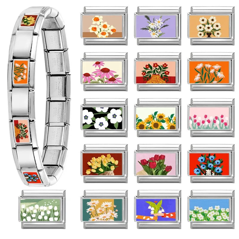 2025 Women's Fashion Colorful Flowers Oil Painting Style Series Italian Charms Fit 9mm Stainless Steel Bracelet DIY Jewelry Gift