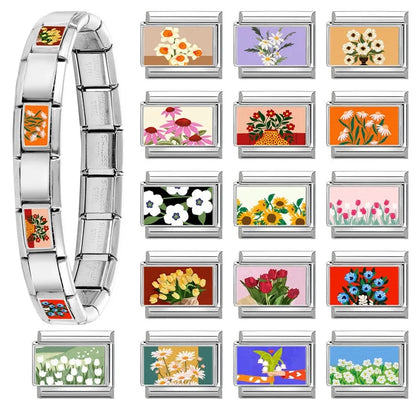 2025 Women's Fashion Colorful Flowers Oil Painting Style Series Italian Charms Fit 9mm Stainless Steel Bracelet DIY Jewelry Gift