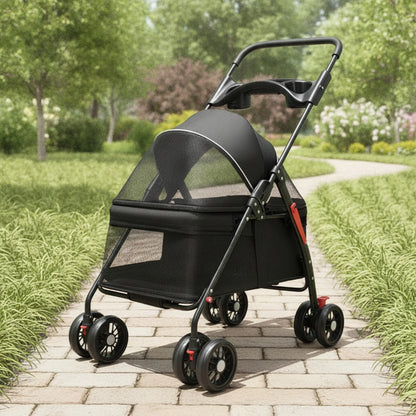 Pet Stroller with Storage Basket 4-Wheel Foldable Pet Stroller Collapsible Breathable for Small Dogs, Outdoor Walks, Travel