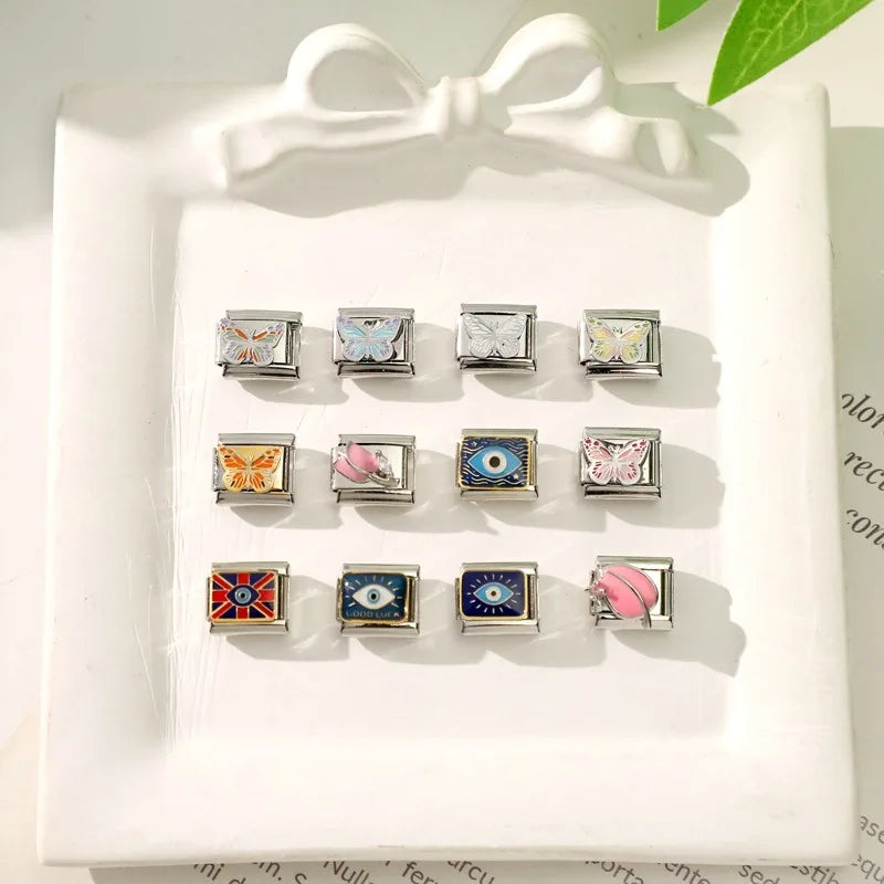 Fashion Drip Glaze Blue Eyes Colorful Butterfly Italian Charm Links Fit 9mm Stainless Steel Bracelet Jewelry DIY Making Beads