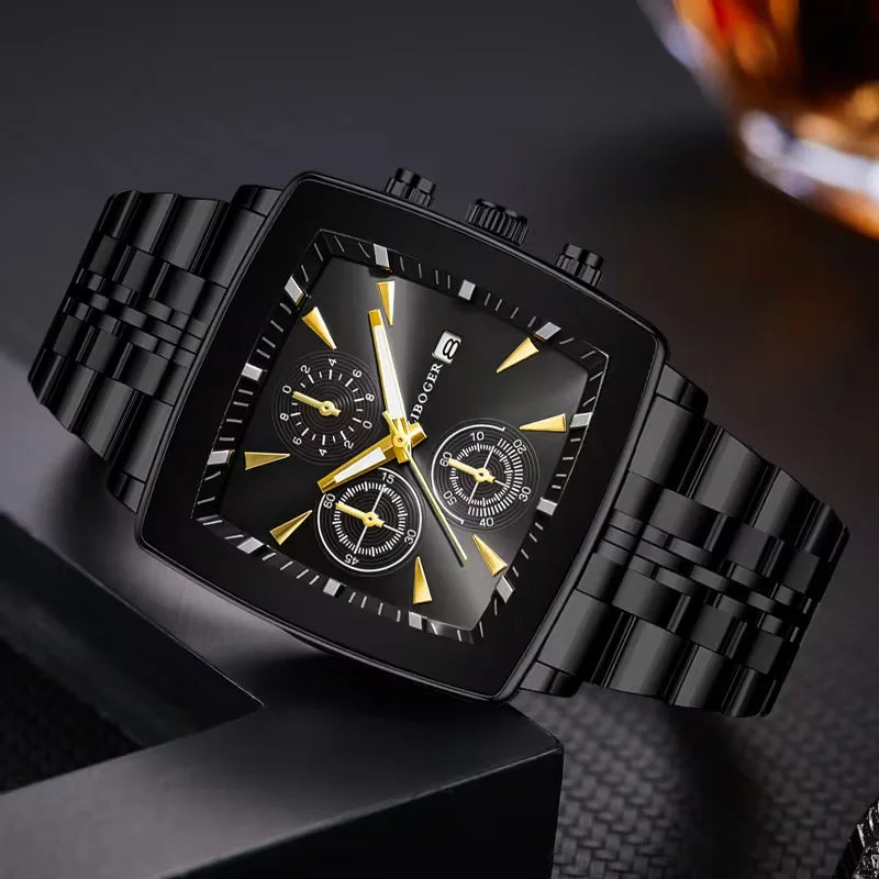 Luxury Square Dial Men Quartz Wristwatch Fashion Stainless Steel Man Business Watches With Calendar Reloj Hombre (Without Box)