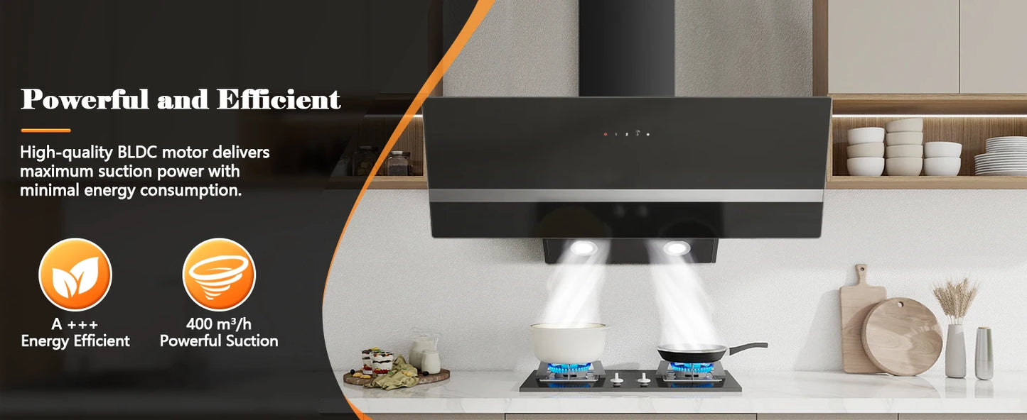 90cm Wall Hood, A+++ Energy Class, 400 m³/h, Touch Control, LED Light, Black Stainless Steel/Glass, Quiet 58 dB‌