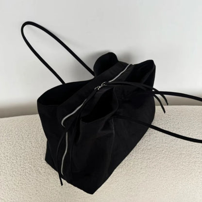 Women's Solid Black Cool Tote Bag 2025 New Fashion Simple Nylon Large Capacity Commuter Double Zipper Compartment HandBags