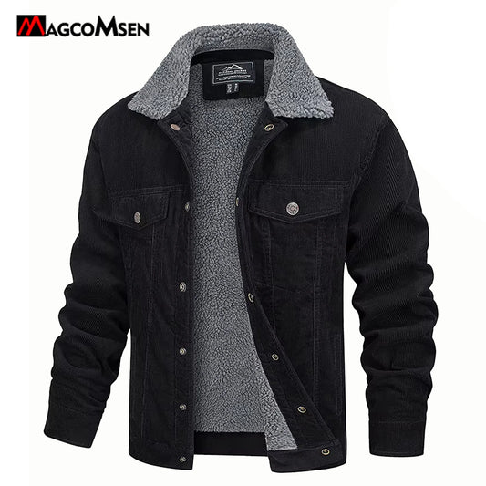 MAGCOMSEN Men's Corduroy Jackets Vintage Sherpa Fleece Windbrekaer Thick Warm Winter Coats Multi-Pockets Casual Denim Jacket
