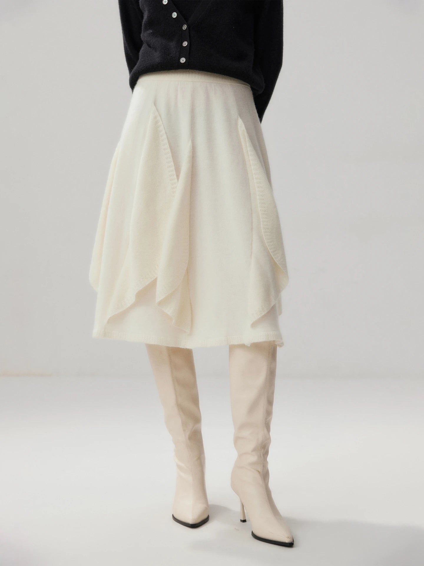 French 100% Pure Cashmere Skirt Ruffle Irregular A-line Soild Midi Sirt Autumn Winter Women Elegant Pleated  Knit Dress Fashion